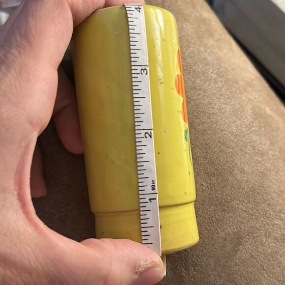 Vintage 4” Cylinder Vase Bright Yellow with Orange Flower. - Picture 4 of 6